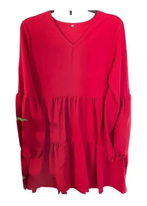Red‎ Womens Solid Long Bell Sleeve V-Neck Tiered Babydoll Mini Dress Size Small thumbnail 1