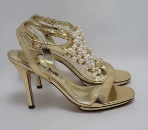 Alisha Hill Heels Cluster Faux Pearl T-Strap Open-Toe Metallic Gold Sandal Sz 8M thumbnail 1