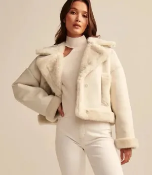 Hollister Sherpa Lined Faux Suede Cream Crop Jacket thumbnail 1