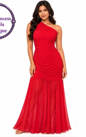 #273 - H10 Red Ruched Mesh One Shoulder Maxi Dress-Medium, 8-10 NWOT thumbnail 1