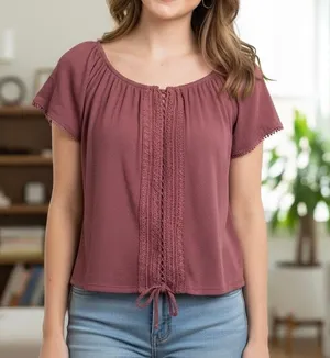 Colosa Boho Crochet Lace Peasant Top Burgundy Mauve Short Sleeve Size L thumbnail 1