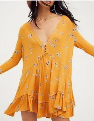 Free People Mustard Yellow Floral Swing Mini Dress Size Medium thumbnail 1