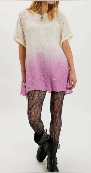 Free People Petal Dusk T-Shirt Mini Dress medium NWT Ivory Pink Ombré Embroidere thumbnail 1