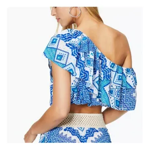 NWT RAMY Brook Milo Blue Printed Off The Shoulder Cropped Top Large Ruffle thumbnail 14