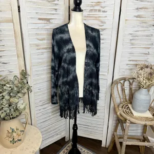 XCVI Women's L Cotton Fringe Open Crochet Knit Cardigan Sweater Bleached Tie Dye thumbnail 4