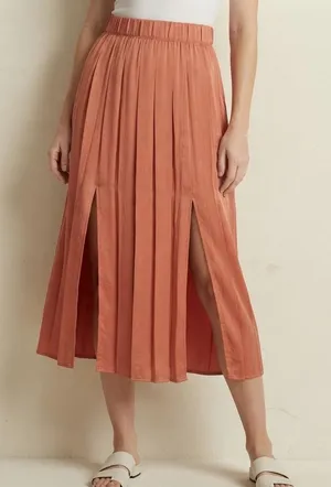 Topshop Pleated‎ Midi Skirt Coral Terracotta Double Slit Elastic Waist NWT Sz 4 thumbnail 1