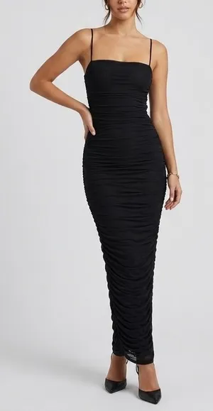 House of CB Fornarina Black Ruched Mesh Maxi Dress Size XS Spaghetti Strap thumbnail 1