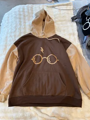 Brown & Tan Colorblock Hoodie with Graphic Glasses thumbnail 1