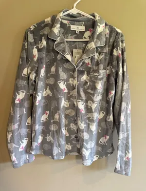 Karen Neuburger Womens Grey Cat‎ Print Fleece Pajama Set Long Sleeve RZ0029M M thumbnail 1