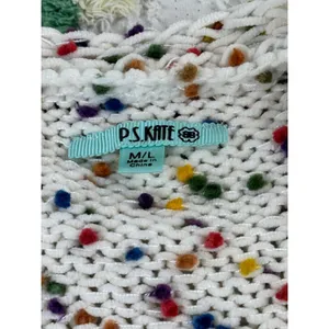 P.S. Kate Confetti Pom Pom Open Front Cardigan Cream Multi Knit Sweater M/L thumbnail 7