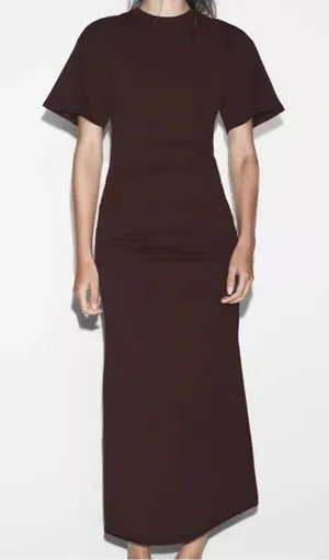 Zara Dark Brown Ruched side Short-Sleeve Maxi Dress NWT large Classic modern thumbnail 1