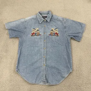 Vintage Embroidered Bear Denim Shirt Women M Blue Let's Quizz Again‎ Grandma thumbnail 1