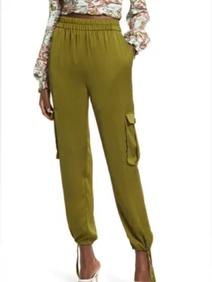 Open Edit Tie Detail Satin Cargo Pants Olive Green - small thumbnail 3
