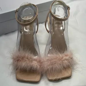 Pink Feathered Heels Women 7.5-8 39 Pink/Beige Strappy‎ Transparent Heel Elegant thumbnail 5