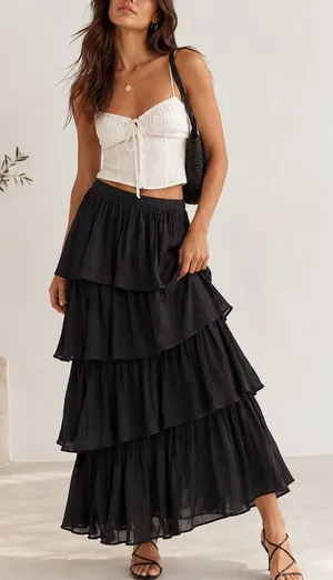 Abercrombie & Fitch Black Tiered Ruffle Maxi Skirt Boho Goth Cottagecore Size: S thumbnail 1
