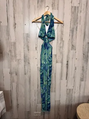 Haute Monde Cutout Maxi Dress Womens Small Blue Green Swirl O-Ring Halter Neck thumbnail 11