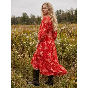 Free People Golden Hour Maxi Dress Cherry Red Large Bohemian Spring Floral 70s thumbnail 8