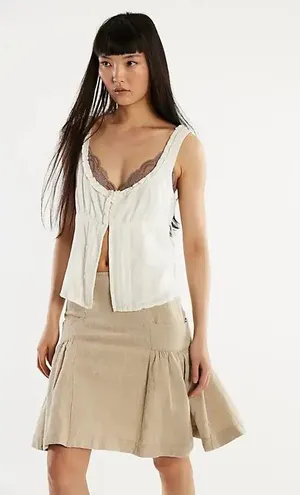 Free People Neutral Beige Textured linen and cotton A-Line Ruffle Skirt thumbnail 1