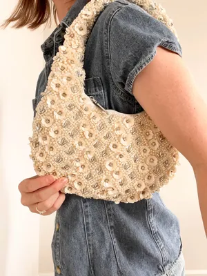 Embellished Cream Floral Beaded Shoulder Bag thumbnail 5