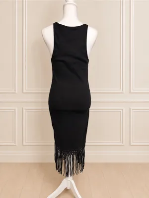 NWOT French Connection Black Ribbed Fringe Hem Midi Dress Size L Boho Swing thumbnail 10