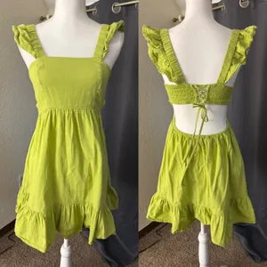 Dizzy Lizzy Mini Dress Med babydoll Green Ruffle Lace Up‎ Back Cotton Summer thumbnail 3