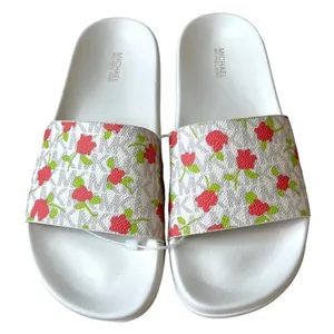 MICHAEL KORS Signature Vanilla Cream Floral Monogram Logo Slip On Slides thumbnail 2
