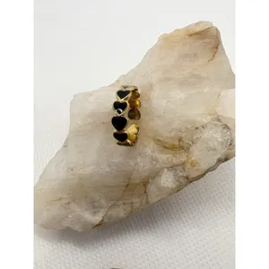18K Gold‎ Plated Heart Enamel Band Ring Size 7 Open Adjustable Black Hearts Cute thumbnail 7