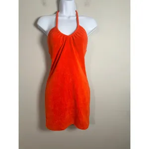 Bershka Orange Terry Cloth Halter Mini Dress Size XS Y2K Retro Beach Coverup thumbnail 2