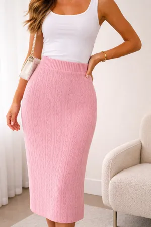 ZARA Pink Cable Knit Midi Skirt Size M High Rise Ribbed Waist Coquette Feminine thumbnail 1
