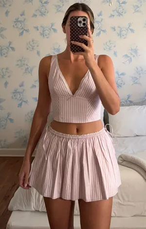 Oh Polly Pink Stripe Set Crop Top & Skirt Soft Mauve thumbnail 1