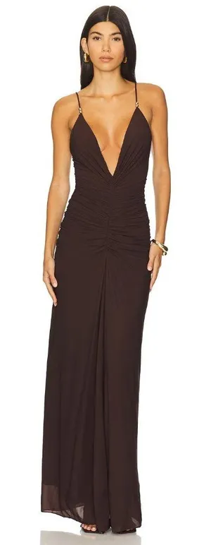 Ronny Kobo Anya V-Neck Column Jersey Maxi Dress in Chocolate Brown XSmall Womens thumbnail 1