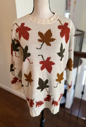 Classic Elements Vintage 90s Cream Fall Tone Orange Green Leaf Print Crewneck Sweater Whimsygoth thumbnail 1