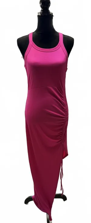 SHEIN Pink Ruched Bodycon Midi Dress Sleeveless Side Slit Sexy Party XL Hot Pink thumbnail 1