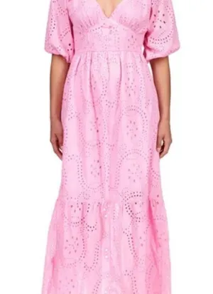 Sanctuary Ruffle Puff Sleeve Eyelet Maxi Dress Pink Size 6 NWOT thumbnail 7
