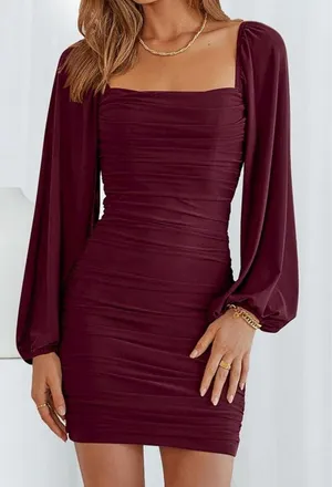 Maroon bodycon long sleeve mini dress thumbnail 6