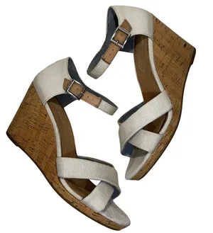TOMS‎ Womens Cork Wedge Sandals Cream Canvas Ankle Strap Size 8 thumbnail 1