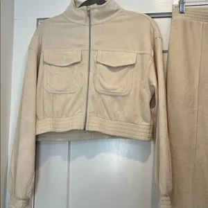 Aerie TWO PIECE SET Cream Women's velour Flare Pants & Jacket size small. thumbnail 5