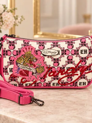 Ed Hardy Pink Skull Tiger Rhinestone Shoulder Bag Crossbody NWT thumbnail 3