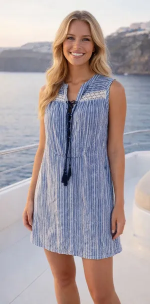 Crown And Ivy Linen Mini Dress Blue White Striped Tassel Quiet Luxury Old‎ Money thumbnail 1