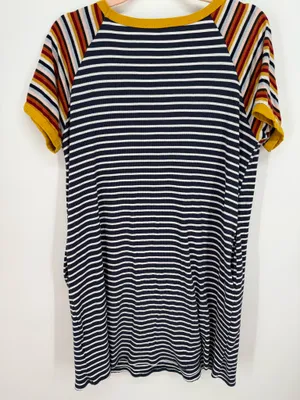 Umgee Striped T-Shirt Dress M Navy Blue White Yellow Mixed Stripe Raglan Mini thumbnail 7