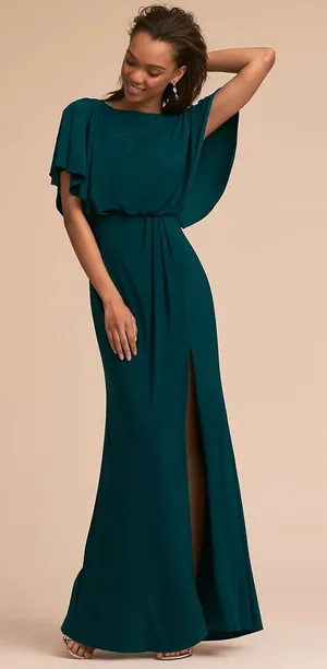BHLDN Lena‎ Dress Size 4 Teal Flutter Sleeve Side Slit Maxi Wedding Bridesmaid thumbnail 1