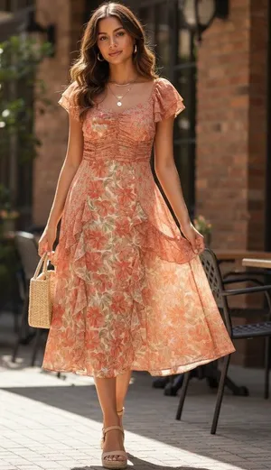 Lost + Wander Sunnyville Midi Dress in Orange Multi Floral OS NWT thumbnail 1