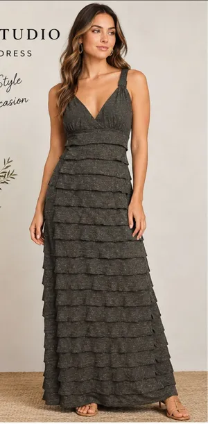 Max studio tiered dress gray women’s size L long thumbnail 1