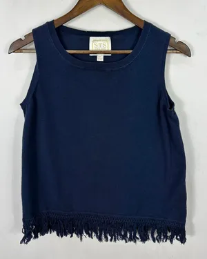Sail to Sable Navy Fringe Tank Top‎ M Preppy Coastal Resort Euro Luxury Nautical thumbnail 1