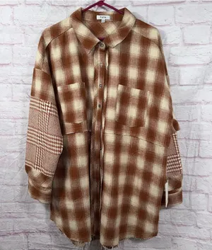 Fate Oversized Plaid Shacket Women’s Large Brown Cream Mixed Print Button NWT thumbnail 1