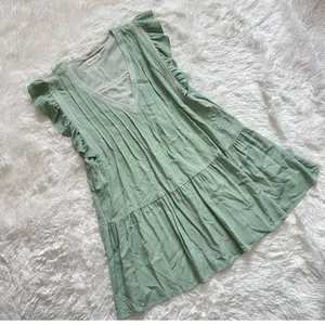 New In Sage Green Pleated Mini Dress - Linen Blend - Ruffle Sleeve - Size M thumbnail 1