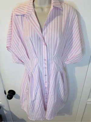 NWT COMMENSE Pink White Striped Shirt Dress L Collared Button Down thumbnail 6