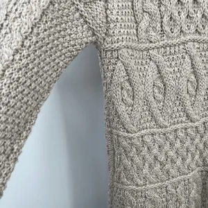 inis crafts merino 100% wool Sweater L Tan Long Full Zip Cable Knit Ireland Boho thumbnail 8