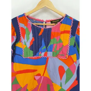 Sugarlips Abstract Floral Blouse Women XL Multicolor Flutter Sleeve Crochet Trim thumbnail 3