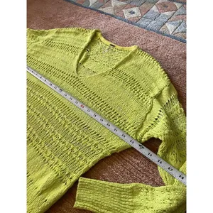 Free People Neon Green Open Knit Sweater XS Long Sleeve V Neck Cotton Blend thumbnail 6